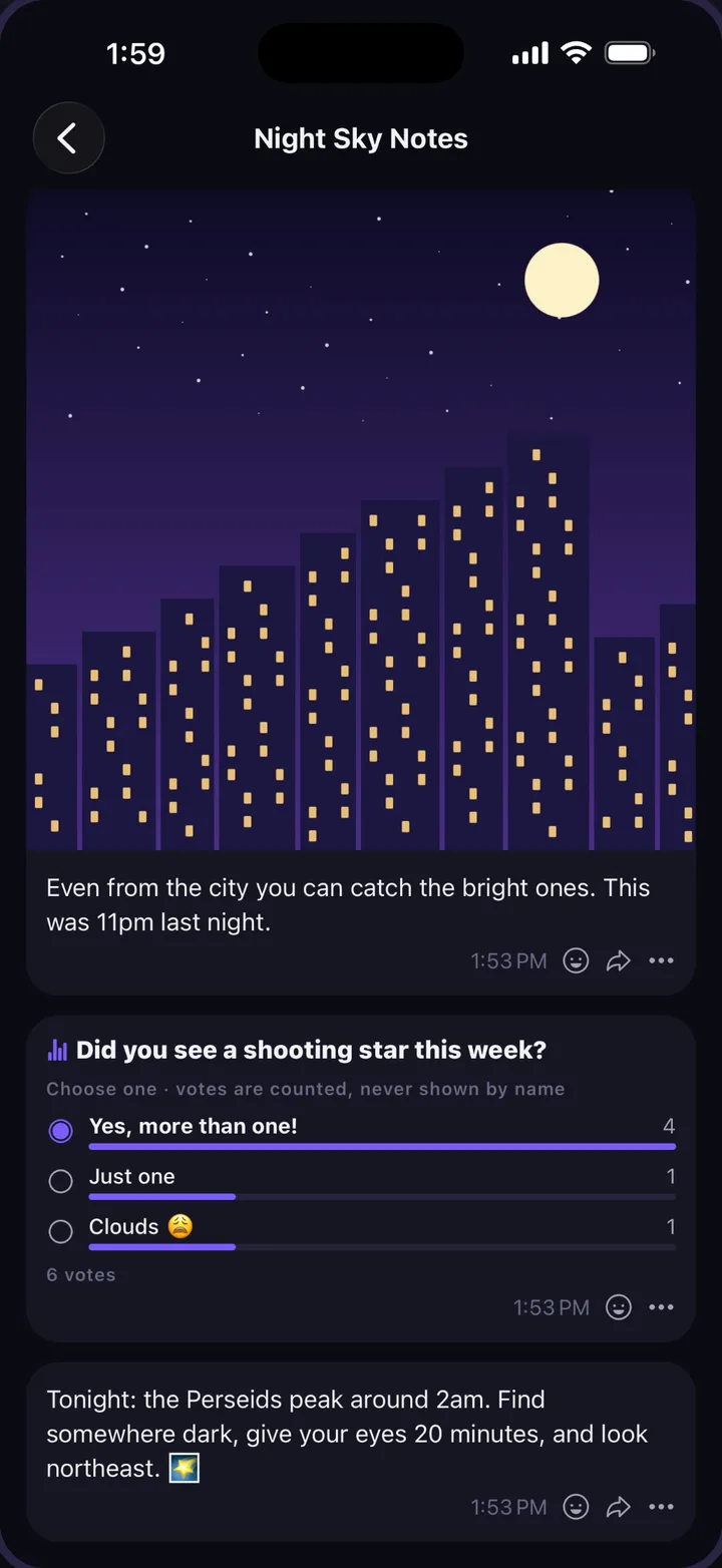 A channel in Hashti with an update, a photo and a poll