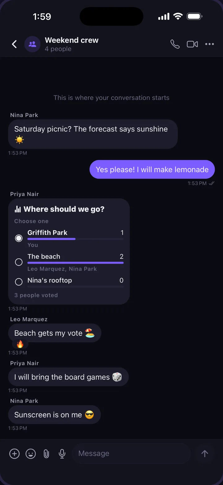 A group chat in Hashti with a poll, an event and replies