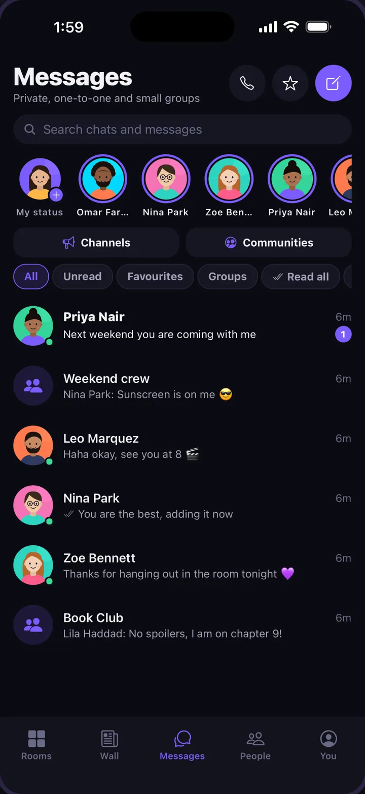 The Messages tab in Hashti: private chats and groups, with status updates from friends on top