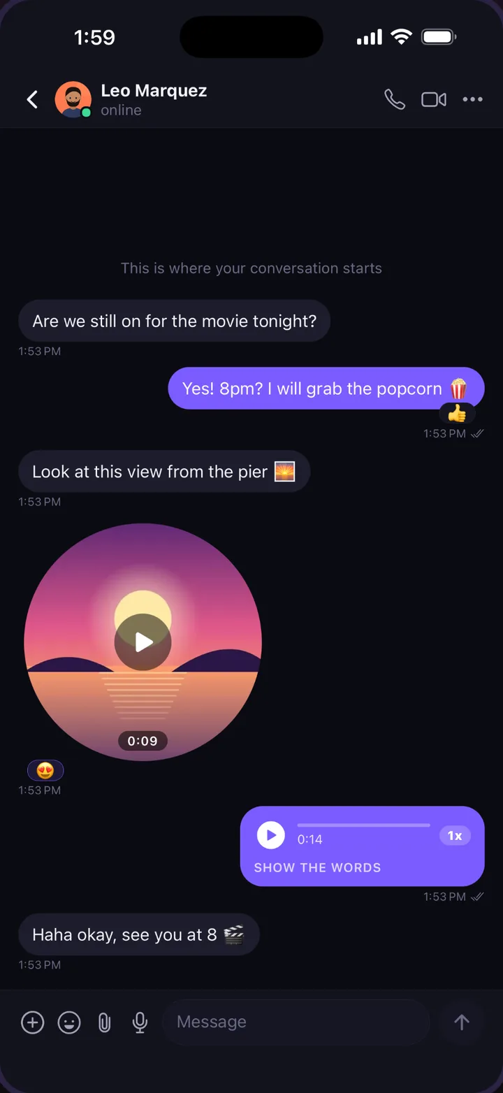 A private chat in Hashti with a round video note playing