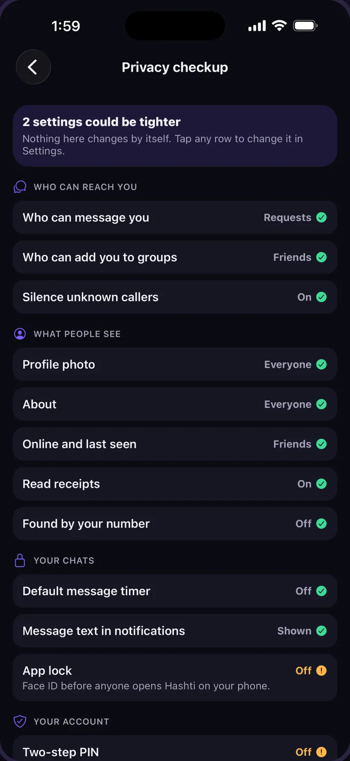 The privacy settings in Hashti: who can message you, read receipts, last seen and app lock