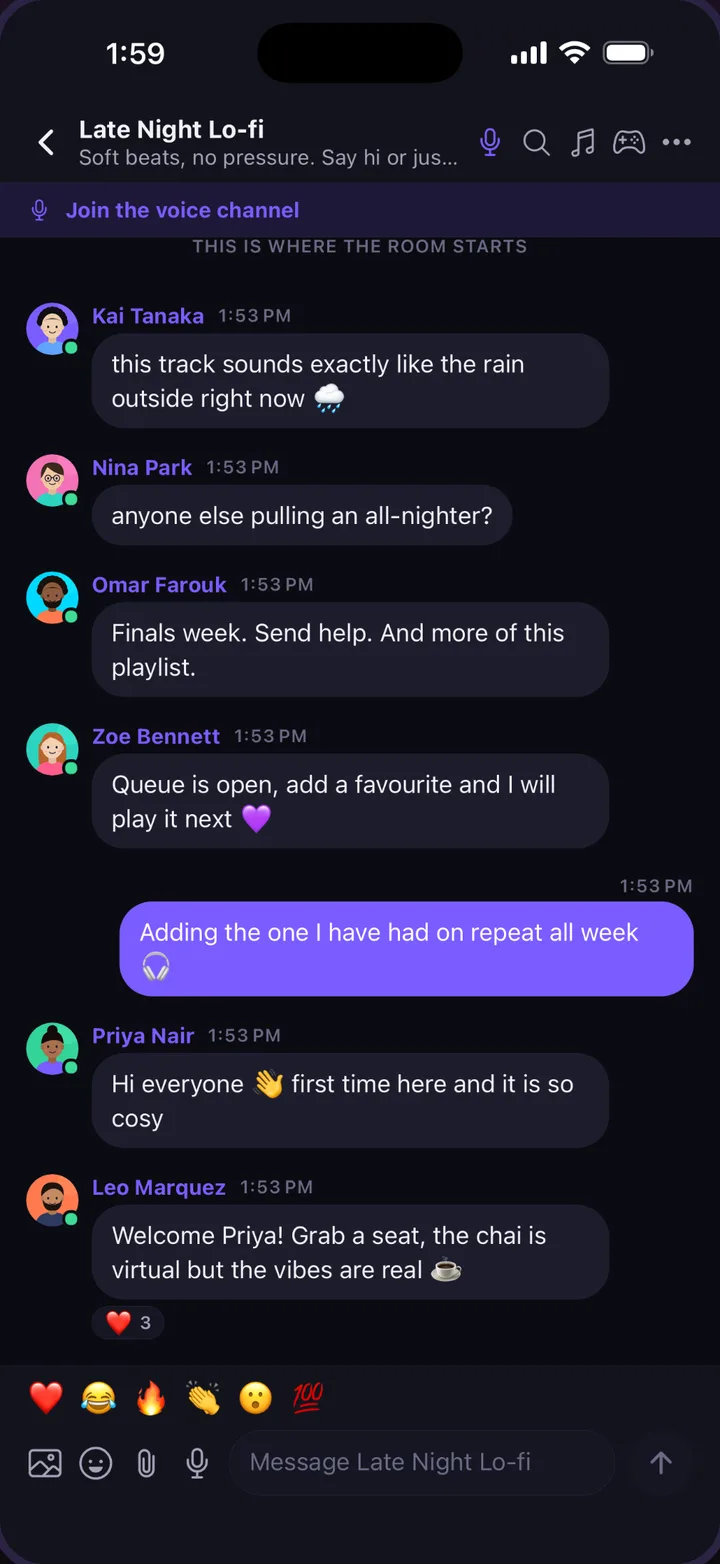 Inside a Hashti room: messages, live reactions and a voice channel with people listening