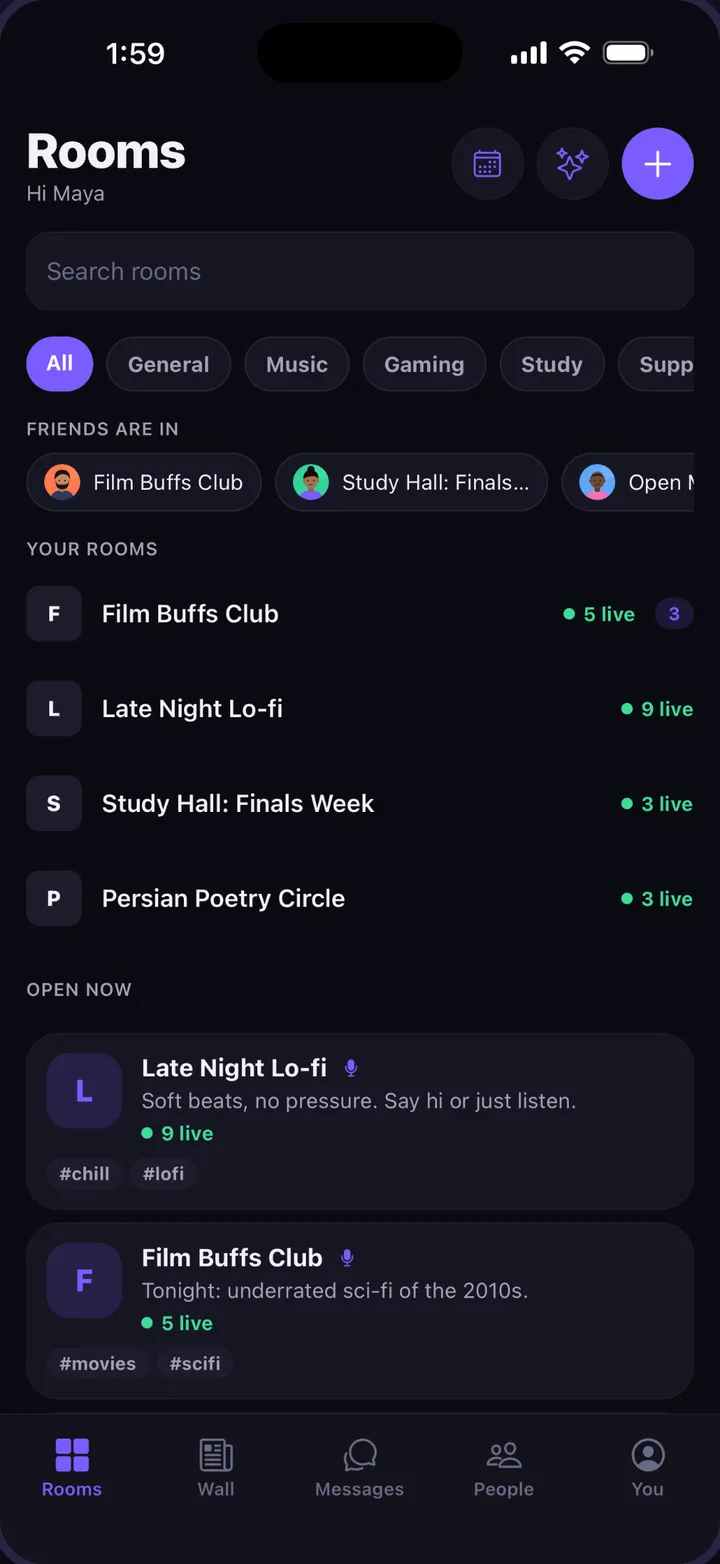 The Rooms tab in Hashti: rooms open now, with categories to browse and a search box